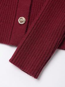 Franclia 女士优雅针织开衫，金属单排扣腰带设计，长袖，秋冬 - 紅色 - 查看 5