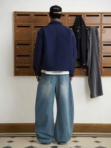 TOKVUE Young Men Contrast Color Stitching Navy Blue Jacket, Fall - Navy Blue - View 2