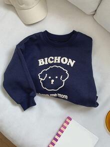 DAZY Young Girls Knitted Thermal Lined Crew Neck Printed Long Sleeve Sweatshirt, Fall - Navy Blue - View 1