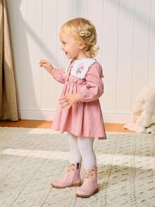 Cozy Pixies 秋冬粉色舒适刺绣平底透气踝靴，拉链设计，方便穿脱，婴儿靴，西部靴 - 粉色 - 查看 3