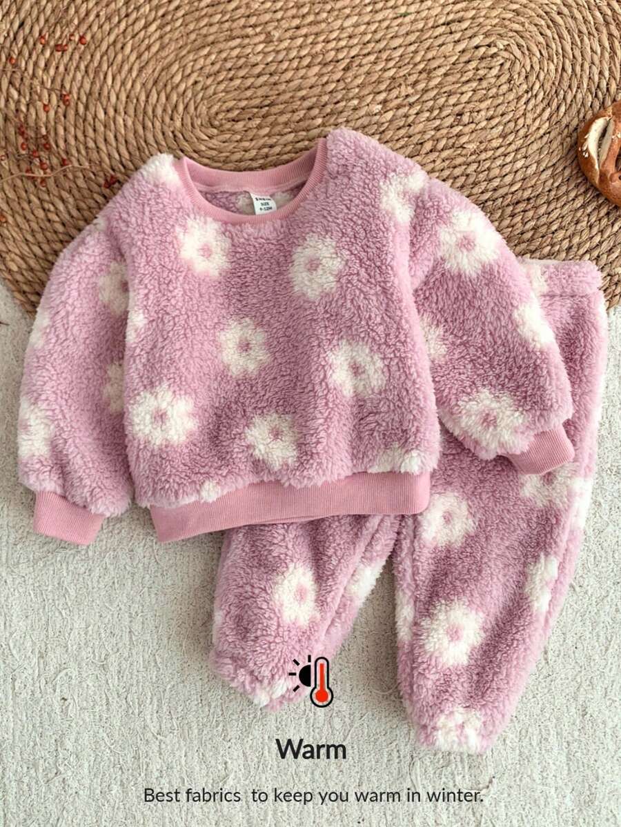 LMoss Kids LMoss 女婴两件套，包括女婴碎花针织圆领休闲卫衣和打底裤套装、女婴抓绒套装、女婴冬季服装、女婴羊羔绒套装、花朵两件套、女婴保暖套装、女婴两件套、女婴毛绒套装、女婴冬季套装，两件套冬季服装，舒适的秋冬款式，长袖上衣，秋季，长袖，圣诞节，套头衫 - 彩色 - 查看 1