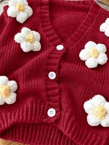 SHEIN LMoss Kids LMoss Baby Girl Cute Floral 3D Knit Long Sleeve Cardigan, Autumn Winter