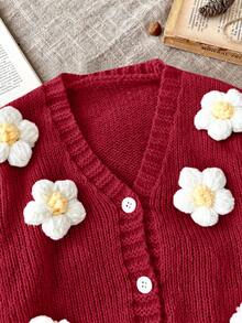 SHEIN LMoss Kids LMoss Baby Girl Cute Floral 3D Knit Long Sleeve Cardigan, Autumn Winter