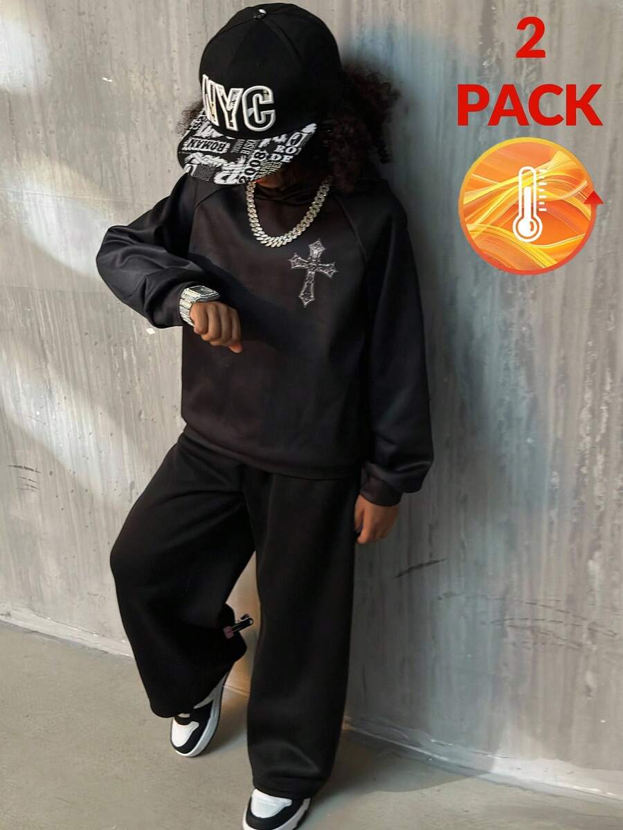 Coolane Conjunto informal de 2 piezas con capucha para adolescentes varones, con diseños de alas de ángel, cruz, textura de rosa, apuesto, punk, actitud, joven, personalidad - Negro - Ver 1
