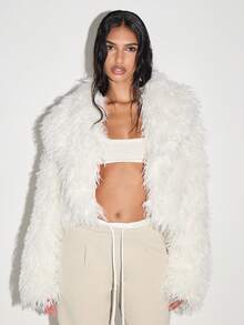 KIZN Jachetă de iarnă luxoasă din blană artificială, stil mongol, plush shaggy, elegantă, pentru petrecere de seară, îmbrăcăminte exterioară pufoasă, crop glam, piesă de modă declarație