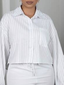 Melissa Matos 休闲百搭时尚长袖单排扣领扣女式衬衫，随机花卉图案 - 白色 - 查看 5