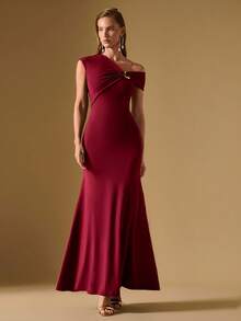 Briarwyn Women's Elegant Burgundy Dress,Summer Dining Party Dress,Asymmetric Neck Metal Buckle Fishtail Fitted Evening Gown,Off The Shoulder Fall Dresses - Coffee Brown - View 6