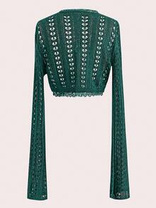 Celisse Women's Casual Solid Color Bell Sleeve Cropped Thin Cardigan - Dark Green - View 2