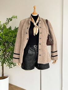 SHEIN LUNE Plus Size Khaki Elegant Formal Summer Fashionable Vintage Double-Breasted Blazer,Office Siren Style Winter Fall Women Cozy Daily Wear Holiday Party - Camel - View 6