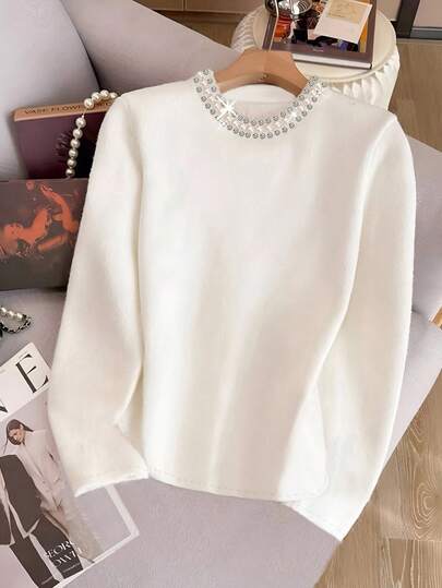 INAWLY 女士纯色仿珍珠装饰圆领长袖时尚T恤