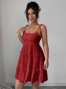 Elenzga 瑞士圆点荷叶边吊带连衣裙 女式度假海滩装 - 櫻桃紅 - 查看 3