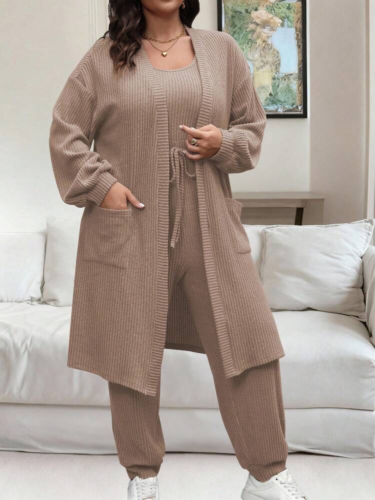 Vionelle 大码休闲纯色连体裤两件套 - 卡其色 - 查看 5