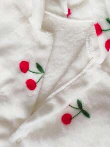 SHEIN Vintaside Kids 新生儿简约时尚可爱樱桃圆点长袖连帽羊毛连体睡衣 - 白色 - 查看 6