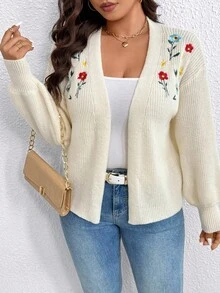EMERY ROSE Plus Size Women Casual Embroidered Cardigan Sweater - Multicolor - View 7