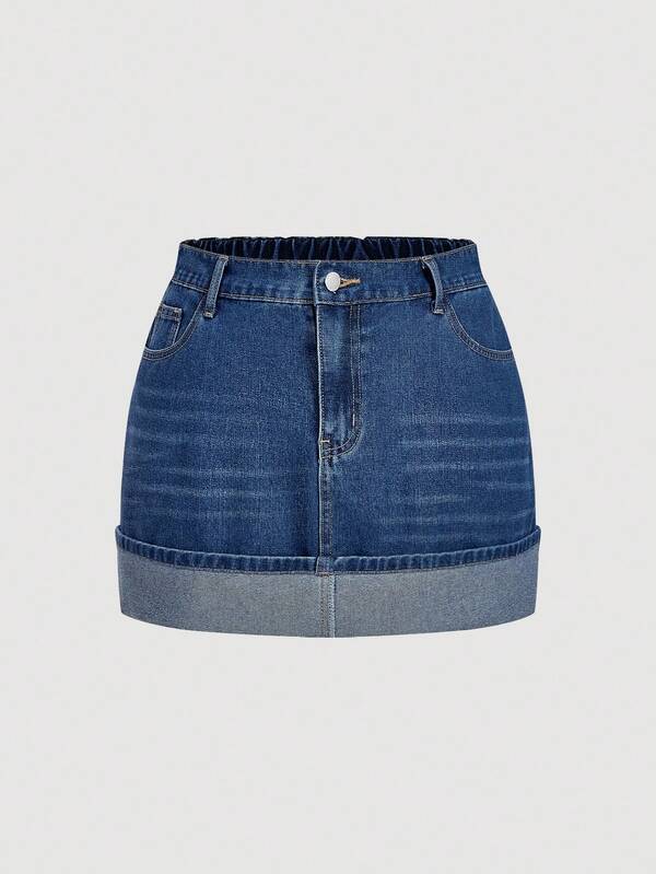 SHEIN MOD Plus Size Casual Washed Frayed Hem Denim Skirt Denim Mini Skirt Jeans Skirt Comfortable Denim Mini Skirt For Women Classic Blue With Shirred Waistband And Cuffed Bottom Winter Clothes Casual Skirt For Women