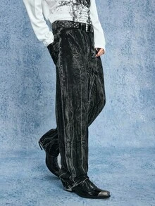 ROMWE MEN Casual Men's Washed Lightning Graphic Pocket Wide Leg Loose Fit Jeans - Black - View 6