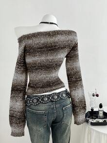 Elamini 女式休闲时尚街头朋克不对称领口段染图案修身毛衣，秋季 - 棕色 - 查看 2