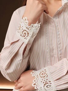 Anewsta Áo cánh nữ cỡ lớn họa tiết ren vá sọc thanh lịch, áo sơ mi thời trang cho năm mới và Giáng sinh - Màu Hồng  San hô - Xem 1