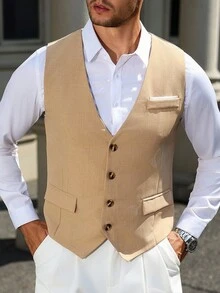 Manfinity Mode Men's Single-Breasted Business Casual Vest (Shirt And Tie Not Included) For Men Dress Shirt With Vest Fashion & Classy For Men, Old Money Style Khaki