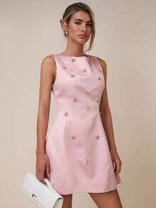 COSMINA Women's Elegant Rhinestone Floral Waist Fitted Mini Dress, Suitable For Banquet, Wedding Guest Rhinestone Embellished Dress - Dusty Pink - View 6