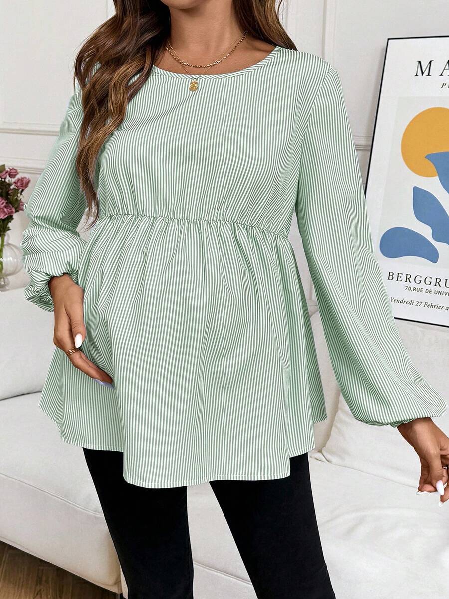 SHEIN 孕妇条纹圆领灯笼袖宽松罩衫 - 綠色 - 查看 1