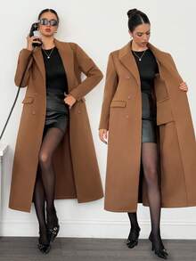 SHEIN Tall Women's Solid Color Lapel NeckLong Sleeve Double-Breasted Casual Long Jacket Long Brown Coat In Fall/Winter