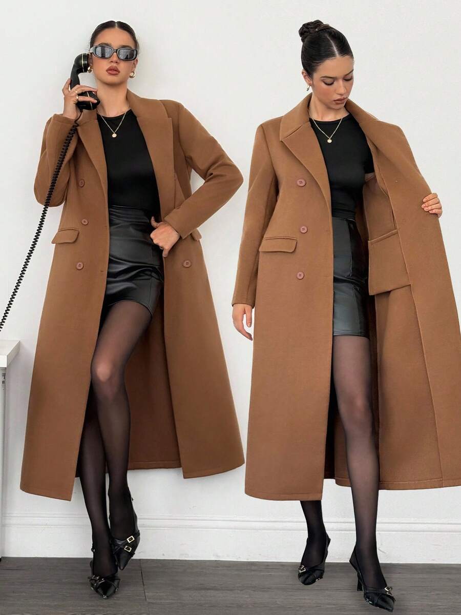 SHEIN Tall Women's Solid Color Lapel NeckLong Sleeve Double-Breasted Casual Long Jacket Long Brown Coat In Fall/Winter