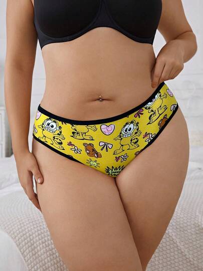 GARFIELD | SHEIN 2pcs Plus Size Women Soft & Cute Cartoon Cat Pattern Contrast Trim Brief,Kawaii,Sweet,Cute Cartoon Underwear For Women Cute Panties Kawaii Panties