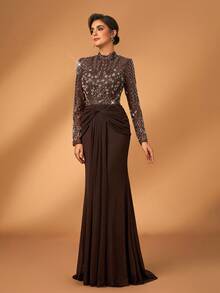 Serin Elegancka, luksusowa, koralikowa i cekinowa, kwiatowa, przezroczysta, rozciągliwa dzianinowa sukienka maxi o kroju syreny z długim rękawem, idealna na wesela, imprezy, wakacje, gale, wieczory panieńskie, formalna suknia dla matki panny młodej (bogato zdobiona)