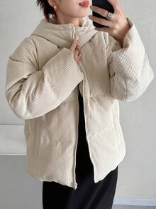 FRIFUL Áo khoác lông cừu rộng rãi, có mũ trùm đầu màu mơ cho nữ, áo khoác đệm đa năng cho mùa thu/đông - Màu be - Xem 3