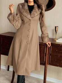 Vintamour Áo khoác nữ cổ điển thanh lịch có túi, chất liệu lông giả, vải nỉ, phối nhiều lớp, thích hợp cho kỳ nghỉ, mùa thu, mùa đông, Giáng sinh, mùa thu cho nữ, Giáng sinh cho nữ, Lễ Tạ ơn cho nữ, mùa đông cho nữ, phong cách cổ điển cho nữ, bộ vest cho nữ. - Màu Khaki - Xem 5
