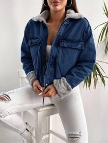 EURMUSE 100%Cotton Fuzzy Collar Flap Pocket Drop Shoulder Denim Jacket - Dark Wash - View 3