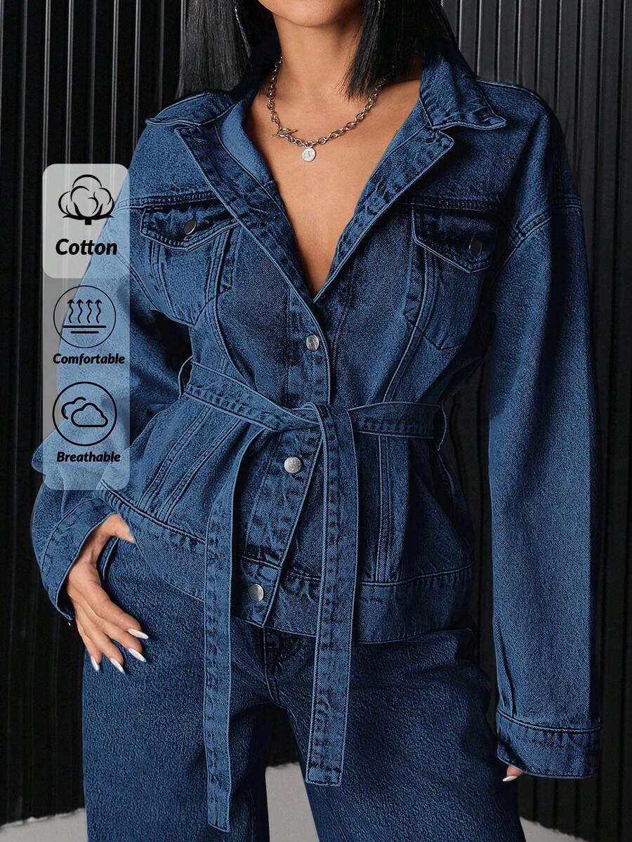 EURMUSE Flap Pocket Button Front Denim Jacket - Medium Wash - View 1