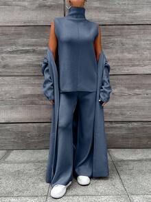 EURMUSE Women's Solid Color Long Sleeve Knitted Cardigan, Turtleneck Sleeveless Knit Top And Knitted Pants Casual Suit, Autumn - Dusty Blue - View 5
