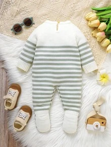 SHEIN 1pc Newborn Striped Crew Neck Long Sleeve Romper, Casual & Minimalist Design - Mint Green - View 2