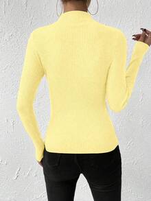 SHEIN 女式休闲纯色罗纹针织修身长袖毛衣，秋冬 - 鵝黃色 - 查看 3