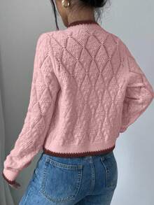 Selianne French Casual Versatile Diamond Textured Long Sleeve Pullover Cardigans For Women - Pink - View 3
