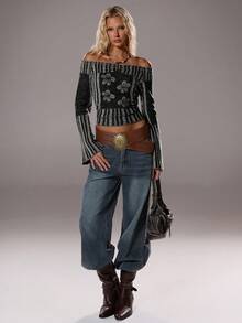 TRNVIE Jersey ajustado con hombros descubiertos y estampado floral para mujer, otoño/invierno - Gris Oscuro - Ver 6