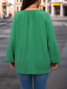 SHEIN LUNE Plus Size Women's Solid Color Tie Collar Lantern Sleeve Casual Blouse - Green - View 2