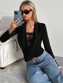 SHEIN EZwear Elegant Sexy Lace Patchwork Draped Black Long Sleeves T-Shirt For Women, Autumn