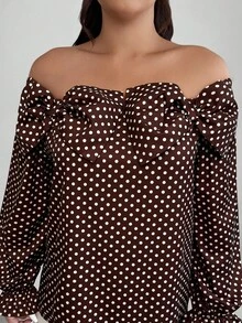 Elenzga Off Shoulder Ruffle Sleeve Floral Decor Polka Dot Print Blouse - Coffee Brown - View 5