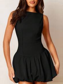 Athîral Women's Elegant Solid Color Sleeveless Bud Balloon Hem Linen Look Mini Dress,Business Casual Woman