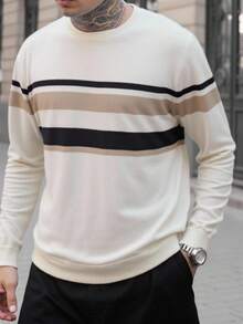 Manfinity Homme 男士条纹印花圆领休闲百搭长袖套头毛衣，秋冬款 - 杏色 - 查看 5