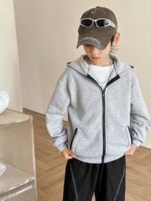SHEIN Tween Boy Contrast Color Zipper Loose Hoodie Sweatshirt, Casual For Sports, Outings, School, Gatherings Autumn Winter Clothes Girlomen - Grey - View 4