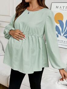 SHEIN 孕妇条纹圆领灯笼袖宽松罩衫 - 綠色 - 查看 6