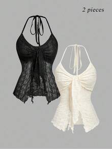 SHEIN MOD Áo cánh tay dài vải họa tiết cổ chữ V, cổ buộc, trang phục thường ngày khi đi nghỉ - Nhiều màu - Xem 1