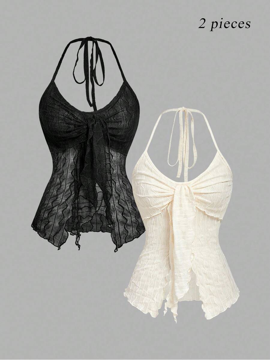 SHEIN MOD Áo cánh tay dài vải họa tiết cổ chữ V, cổ buộc, trang phục thường ngày khi đi nghỉ - Nhiều màu - Xem 1