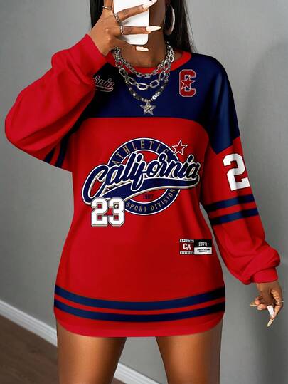 Slaydiva 23# Casual Sports Letter Graphic Loose Fit Crew Neck Long Sleeve T-Shirt, Suitable For Spring & Autumn, Plus Size