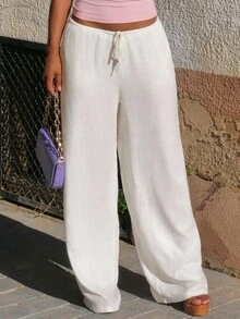 Yess Loren Solid Low Waist White Linen Pants, Loose Fit Beach Trousers, Summer,Linen Pants - White - View 2