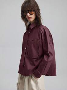 Ontre Women's Turndown Collar Long Sleeve Shirt With Embroidery, Casual Shirt For Urban Commuting And Business, Elegant Blouse For Office Wear, Wedding Guest Attire